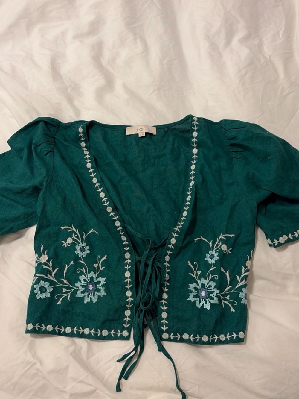 LOFT Teal Floral Embroidered Tie-Front Crop Top